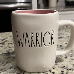 Rae Dunn 'Warrior' Mug - White Exterior with Pink Interior.
